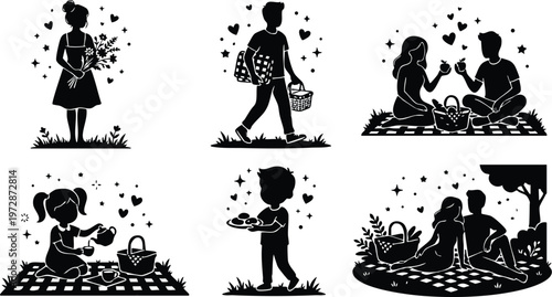 Black and white picnic scenes with couples and children enjoying outdoor leisure with baskets and snacks