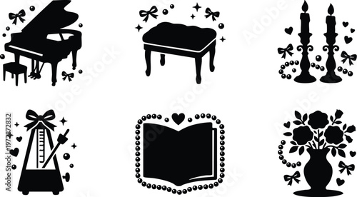 Black and white silhouette piano candles flowers book and metronome with bows