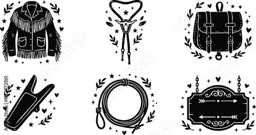 Black and white western cowboy jacket lasso and gear icons set line art