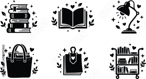 Black and white book stack open book lamp tote bag paper clip bookshelf vector art
