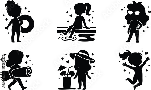 Silhouette vector art of six girls enjoying summer activities with hearts and stars