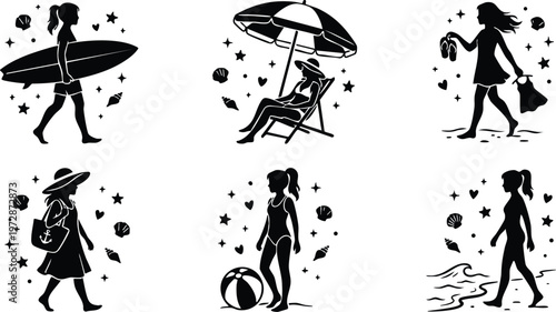 Girls at beach with surfboard umbrella and seashells