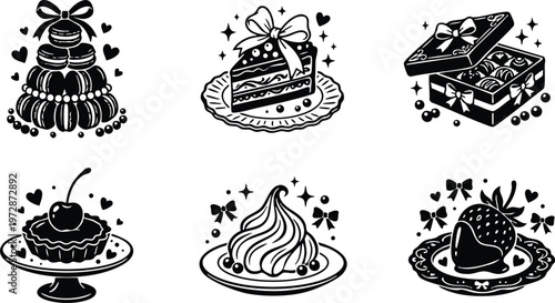Black and white dessert collection macarons cake chocolates cherry tart whipped cream chocolate strawberry