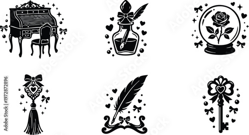 Black and white vintage piano perfume bottle rose globe quill pen tassel and key vector art