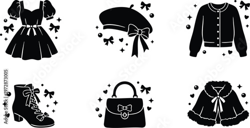 Black and white vintage fashion icons including dress beret jacket boots handbag and fur cape