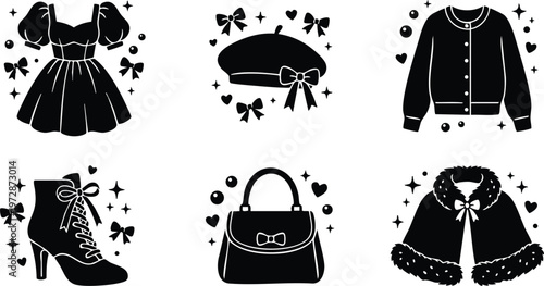 Black and white vintage dress beret handbag and coat fashion icons set