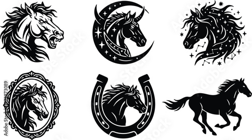 Black and white horse head and running horse vector art with moon stars and horseshoe