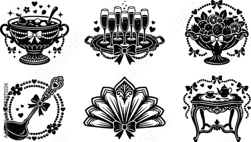 Black and white vintage elegant tea party set with punch bowl glass tray fruit bowl ladle fan and tea table