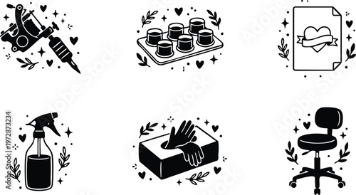 Black and white tattoo machine ink caps gloves spray bottle and chair line art vector
