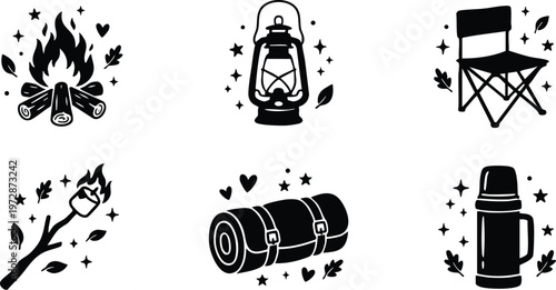 Black camping icons set with campfire lantern chair marshmallow thermos and sleeping bag
