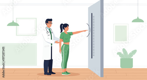 Doctor measuring patient's height against a wall with markings in a clinic