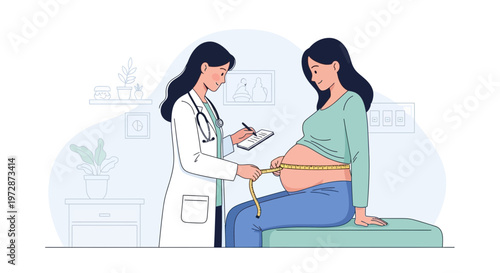 Doctor measuring pregnant woman's belly during prenatal checkup in clinic