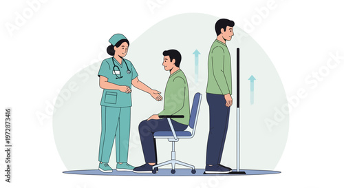 Doctor measuring patient's height while sitting and standing, medical check-up