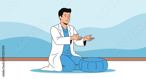 Doctor meditating in a serene setting, promoting wellness and mental health