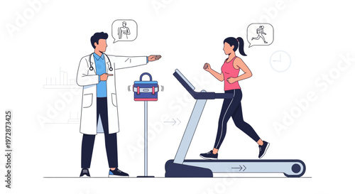 Doctor monitoring female patient on treadmill during stress test for heart health checkup