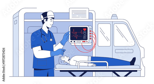 Doctor monitoring patient's vital signs on an EKG machine in an ambulance