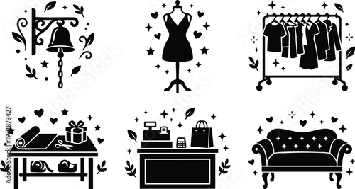 Black and white boutique icons with dress form cash register and sofa vector art