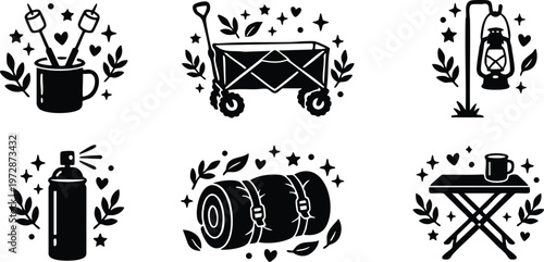 Black and white camping gear icons with mug wagon lantern spray can rolled mat and folding table