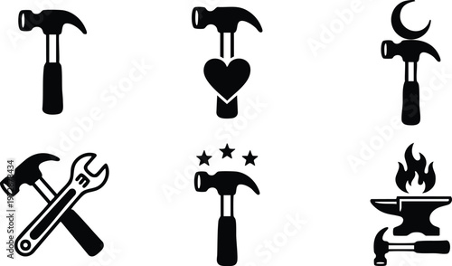Black and white hammer icons with heart crescent stars and fire elements
