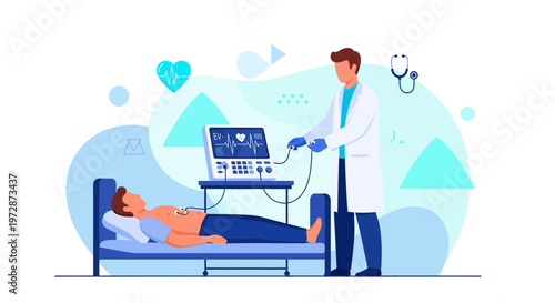 Doctor monitoring patient's heart rhythm on EKG machine in modern clinic