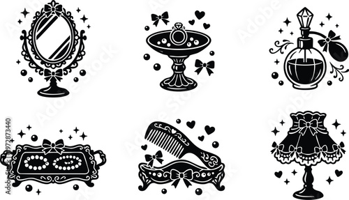 Black and white vintage vanity set with mirror comb tray and perfume bottle