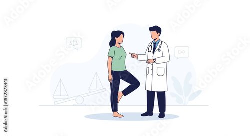Doctor observing patient balancing on one leg, physiotherapy, rehabilitation, balance test