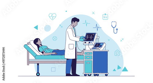 Doctor monitors patient's vital signs on EKG machine in hospital room, medical technology concept