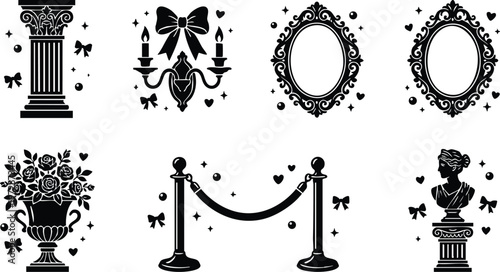 Black and white classic column rose vase candles frame bust vector art set