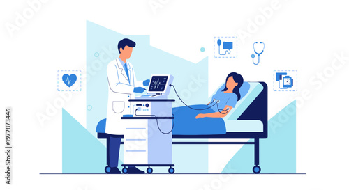 Doctor monitors patient's vital signs on EKG machine in hospital room, medical technology concept