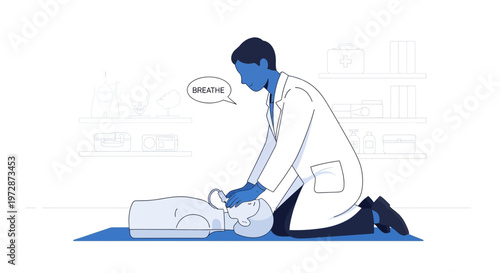 Doctor performing CPR on a dummy, medical training, life saving, emergency, resuscitation