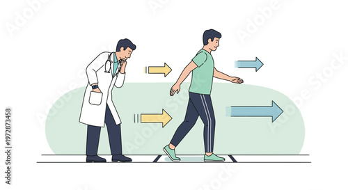 Doctor observing patient walking on treadmill, assessing gait and physical condition