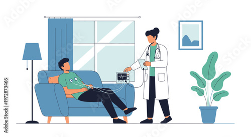 Doctor performing ECG test on patient at home, medical check-up, healthcare concept
