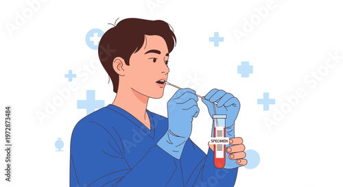 Doctor performing nasal swab test for COVID-19, holding blood sample tube