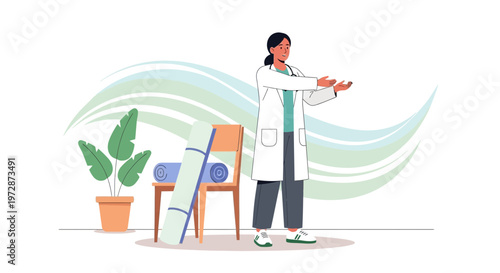Doctor Performing Physical Therapy Exercises with Yoga Mat and Plant