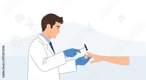 Doctor performing reflex test on patient's finger with reflex hammer, medical examination