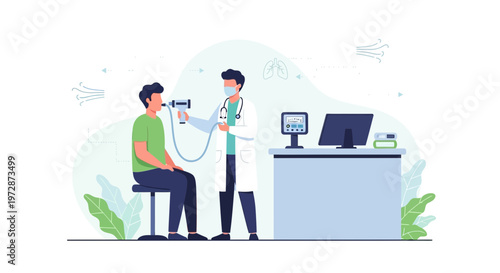 Doctor performing lung function test on patient with spirometer in clinic, medical checkup