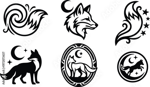 Black and white fox and moon vector art collection with stars and decorative swirls