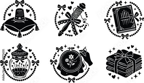 Black and white vintage sewing tools with ribbons and hearts vector art