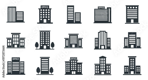 Set of fifteen black office building silhouettes and corporate architecture icons featuring various skyscraper designs, window patterns, and signs on a white background.