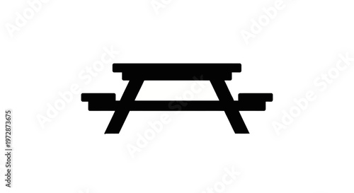 Black silhouette of a wooden picnic table with attached benches, side view icon isolated on a white background, suitable for outdoor park, camping, and garden furniture design projects.