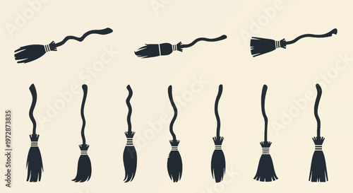 Set of ten black silhouette illustrations of witch brooms featuring curved wooden handles and twig bristles, isolated on a light cream background for Halloween and magic designs.
