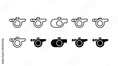 Set of eight black and white camera icons in various styles and orientations