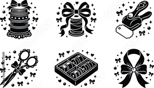 Black and white vintage ribbon scissors thread tape measure and cake silhouettes