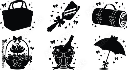 Black and white vector art picnic set with basket cake champagne bucket and umbrella
