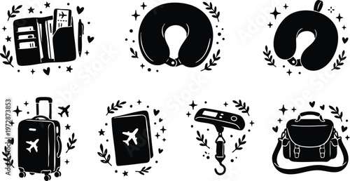 Black and white travel icons with luggage passport and neck pillow in flat design