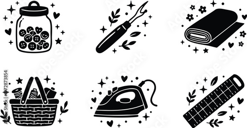 Black and white sewing button jar seam ripper fabric iron basket and ruler icons