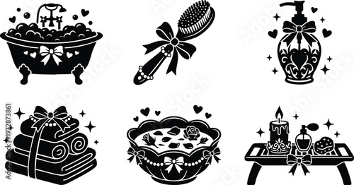 Black and white spa bath brush soap towel rose candle heart vector art