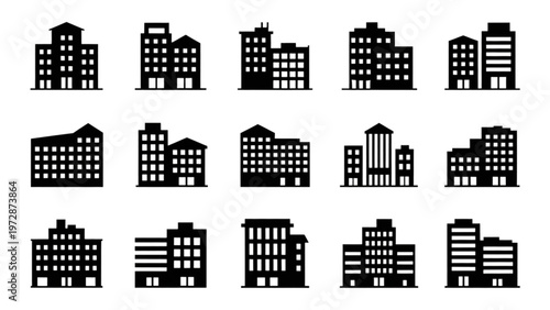 Collection of stylized pixel art buildings with varying heights and designs