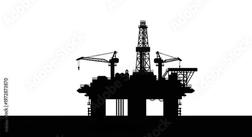 Industrial black silhouette of an offshore oil rig drilling platform featuring a central derrick, mechanical cranes, and structural scaffolding isolated on a white background.