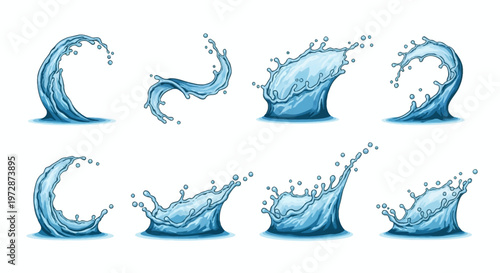 Vector illustration set of eight blue water splash elements with droplets and waves isolated on white background, featuring dynamic liquid shapes, sea spray, and surf curves.